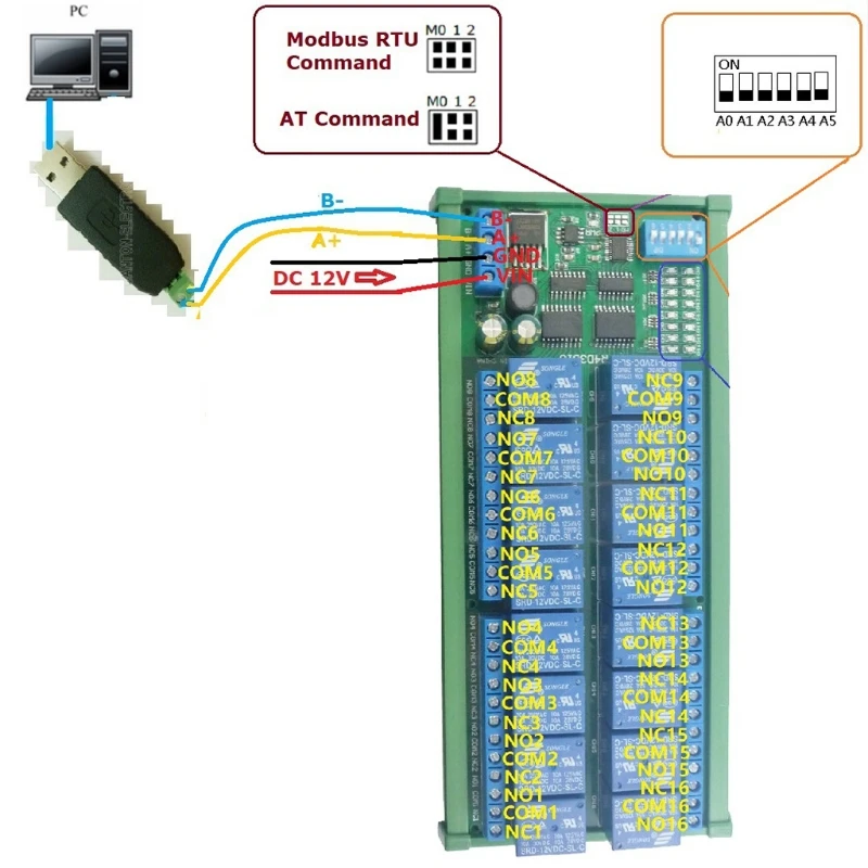 

16-Channel 12V 10A DIN Rail Box PLC Expansion Board RS485 Modbus RTU Relay Modul