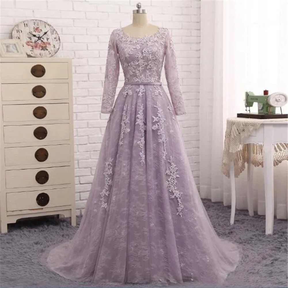 

Light Purple Lace Prom Dress Wanshandress Long Sleeves Hollow Back Evening Dresses Custom Jewel Evening Gowns With Belt فساتين ا