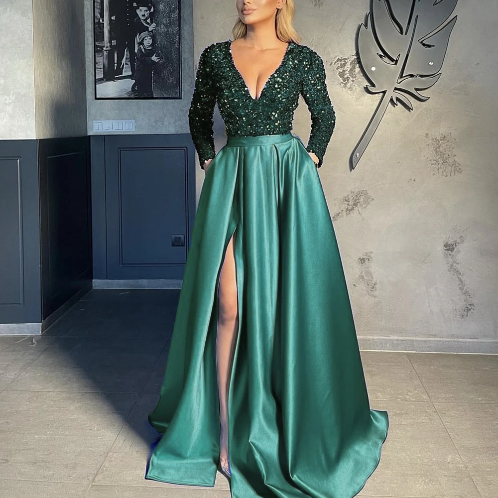 Elegant  V Neck Sequin Maxi Dress Floor Length Slit Full Sleeved Patchwork Ball Gown with Pockets Green Black