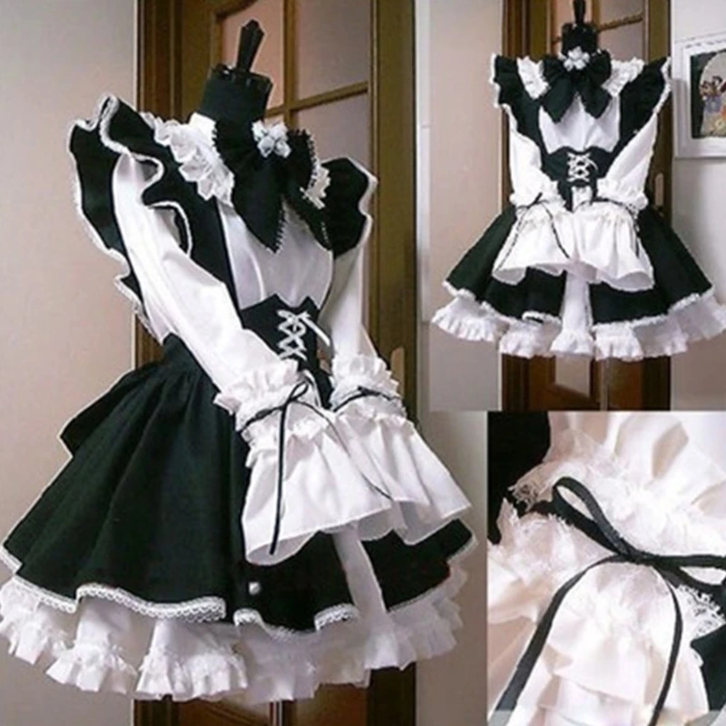 

Japanese Anime Maid Dress Outfit Cosplay Costume Set Sweet Classic Lolita French Apron with Headband Coffee Shop Uniform C6UD