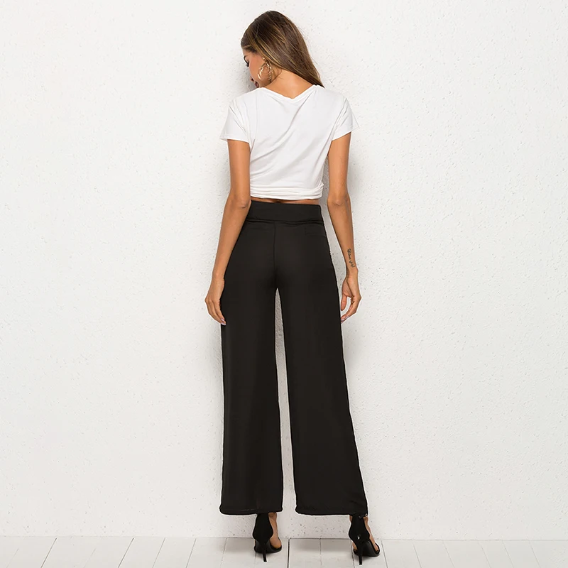 

2020 New Casual Retro Women Plain Solid High Waist Flare Wide Leg Chic Trousers Slim Long Loose Work Pants Plus Size