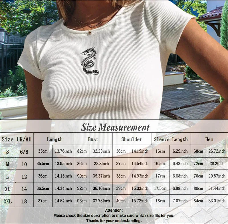 

2021 Women Solid Color Summer Short Sleeve O Neck Dragon Printed Tee Slim Tshirt Kawaii Harajuku Crop Top Dropshipping