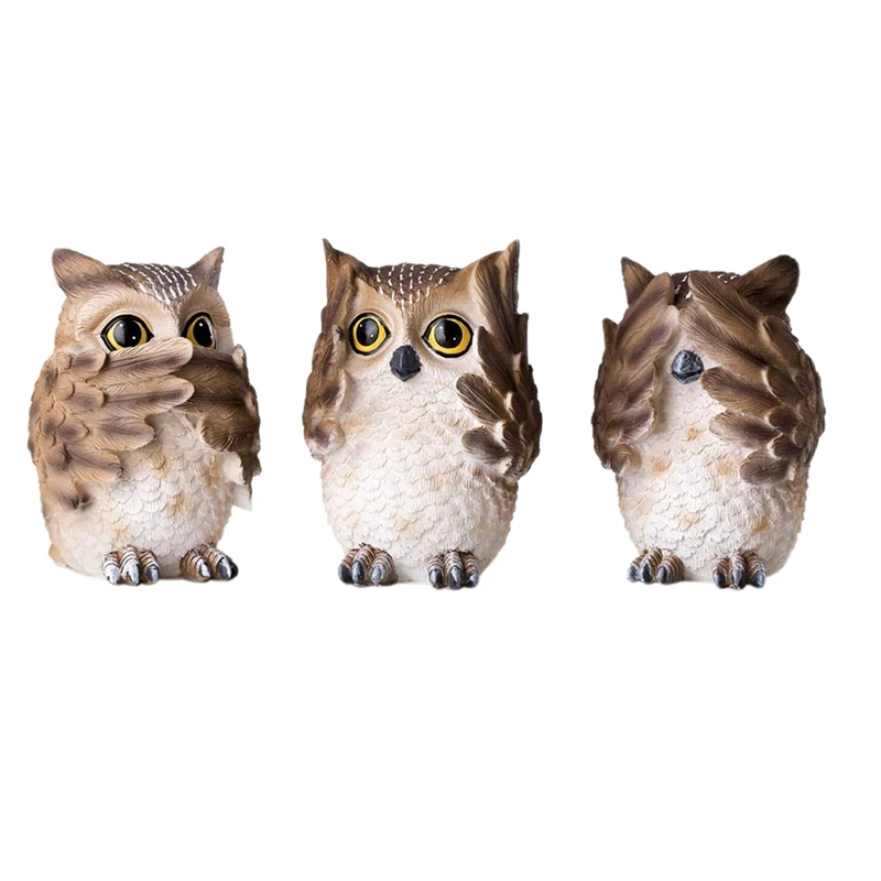 

3Pcs Polyresin Owl Figurines with Different Gestures,Hear-No, See-No, Speak-No,Funny Owl Statue Decor Ornaments for Home