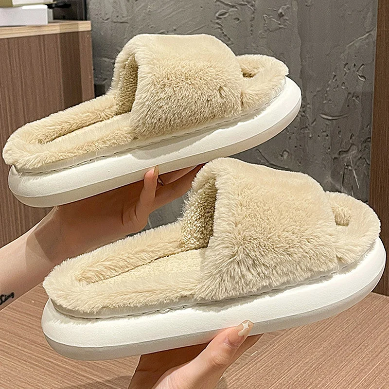 Woman Super Soft Indoor Fur Slippers Winter Platform Warm Plush Slipper Female House Cotton Shoes Bedroom Antiskid Sewing Slides