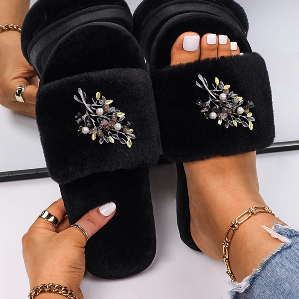 

Fluffy Slides Olive Branch Decor Cozy Slippers Flat Flip Flops Luxury Designer Fur Sandals Fashion Pearl Slippers Casual Shoes