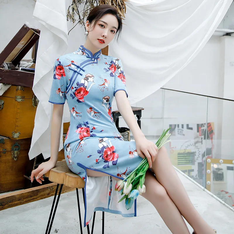 

2020 Long Qipao Split Flower Print Chinese Dresses Sexy Short Sleeve Cheongsam Dress Elegant Women Lady Party Gown