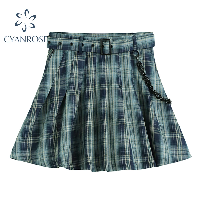 Женская плиссированная юбка с высокой талией темно зеленая клетчатая мини в