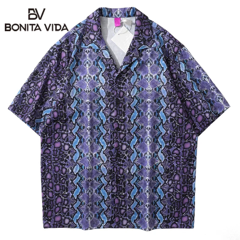 

Bonita Vida Hawaiian Shirts Streetwear Hip Hop Leopard Snakeskin Python Print Short Sleeve Tropical Beach Shirt Button Tops