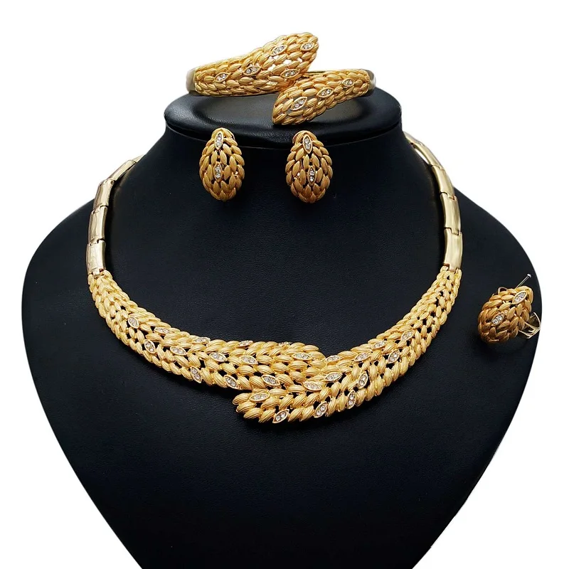 

Yulaili Nigerian Wedding Bridal African Jewelry Sets for Woman Fashion Gold Color Necklace Bracelet Earrings Ring Wholesale
