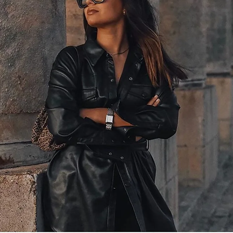Женская длинная куртка из искусственной кожи Свободное длинное черное пальто с