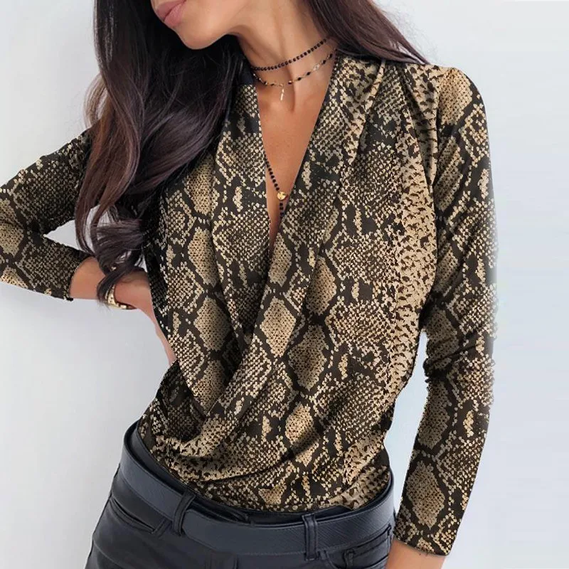

Blouses Women Long Sleeve Deep V-neck Tops Sexy Criss-cross Snake Skin Shirt Work Business Formal Shirt Outwear Fall 2021
