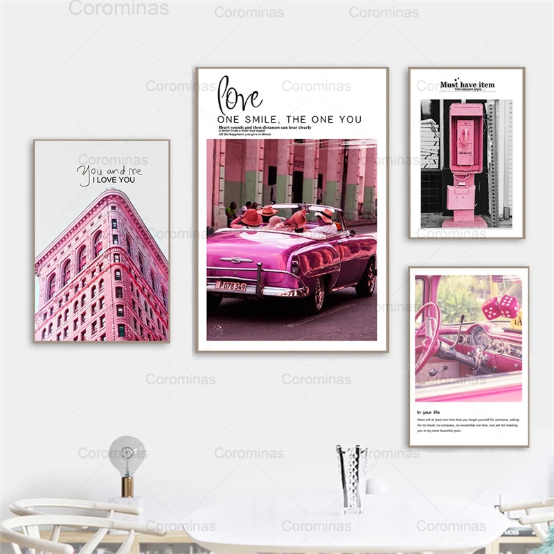 

Pink Car Street Building Canvas Painting Love Nordic Fashion Landscape Wall Art Posters and Prints Picture for Living Room Decor