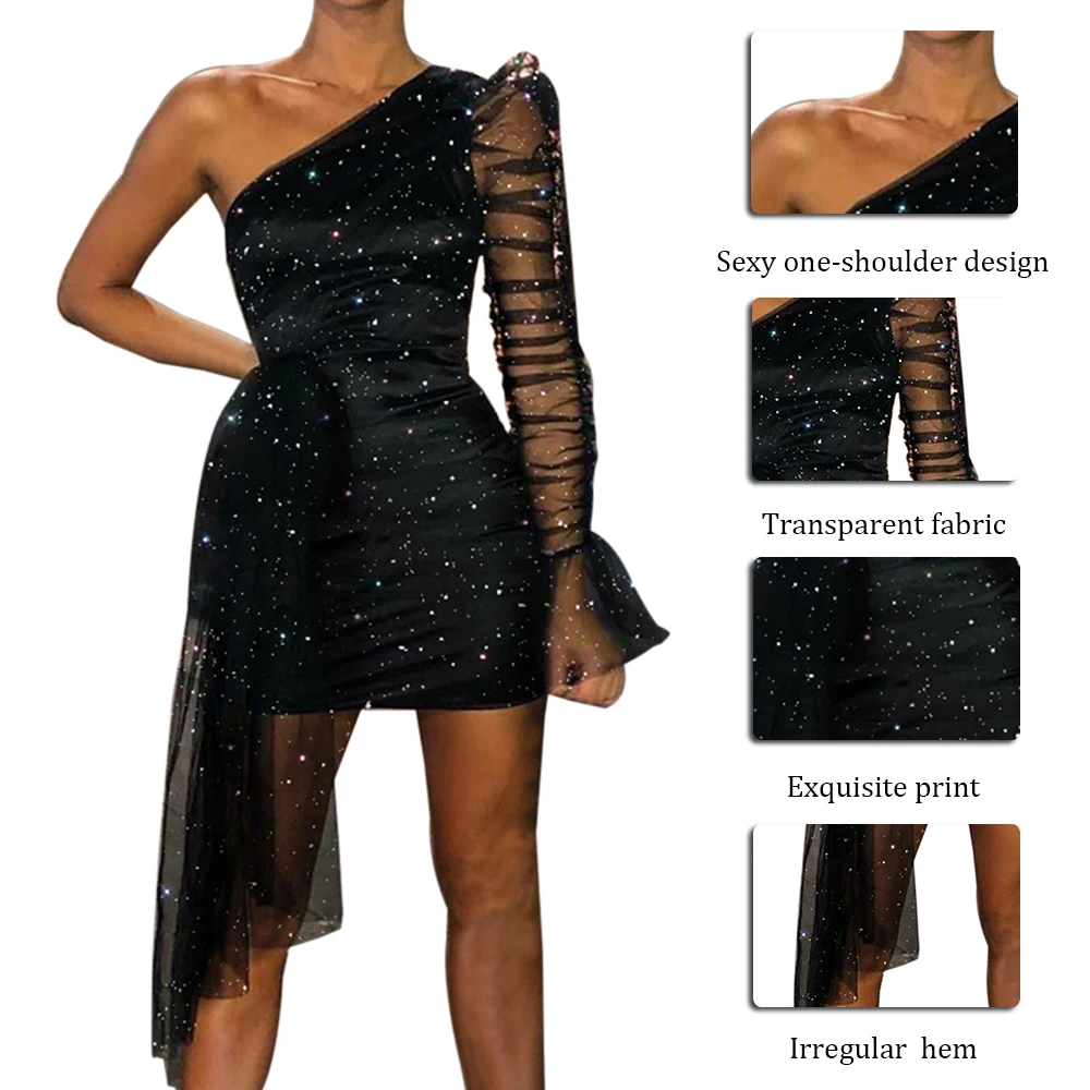 Новое поступление сексуальное блестящее платье на одно плечо прозрачное