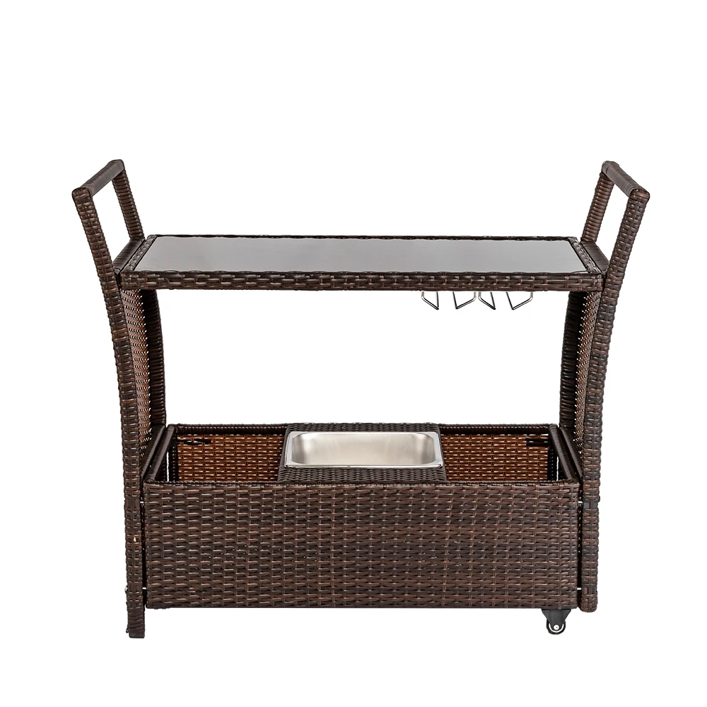 

Outdoor Patio Wicker Rattan Serving Bar Cart with Ice Bucket Wine Rack Brown