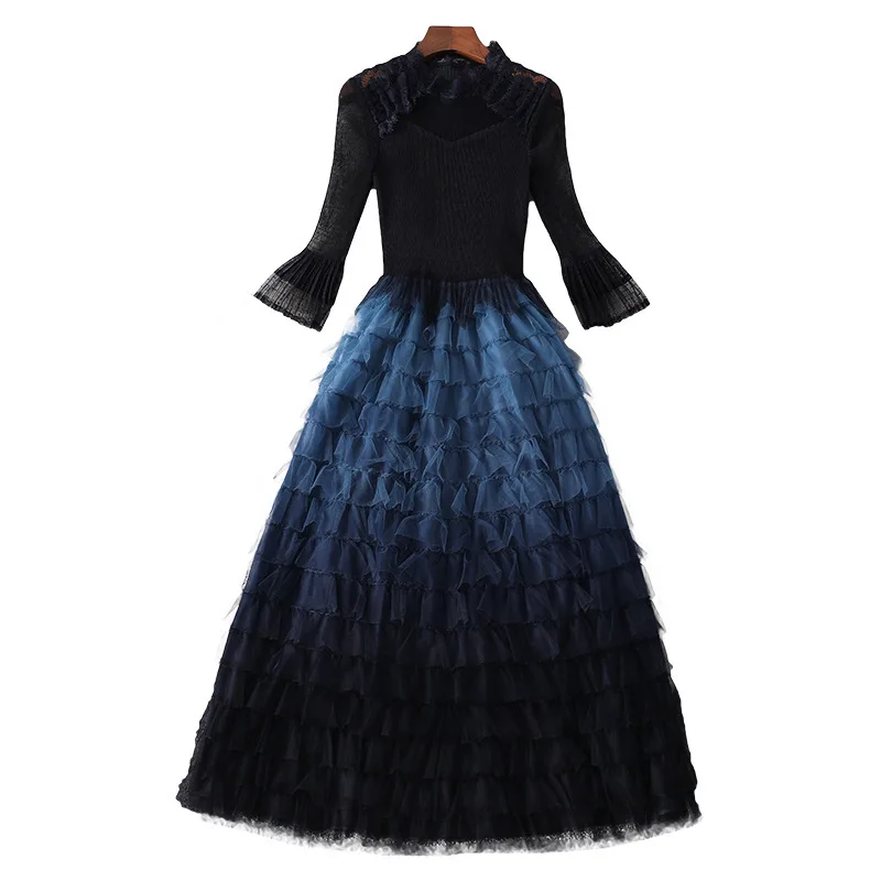 Women fashion autumn winter ruffles dress lace inset falre sleeve fit and flare cute dresses new blue