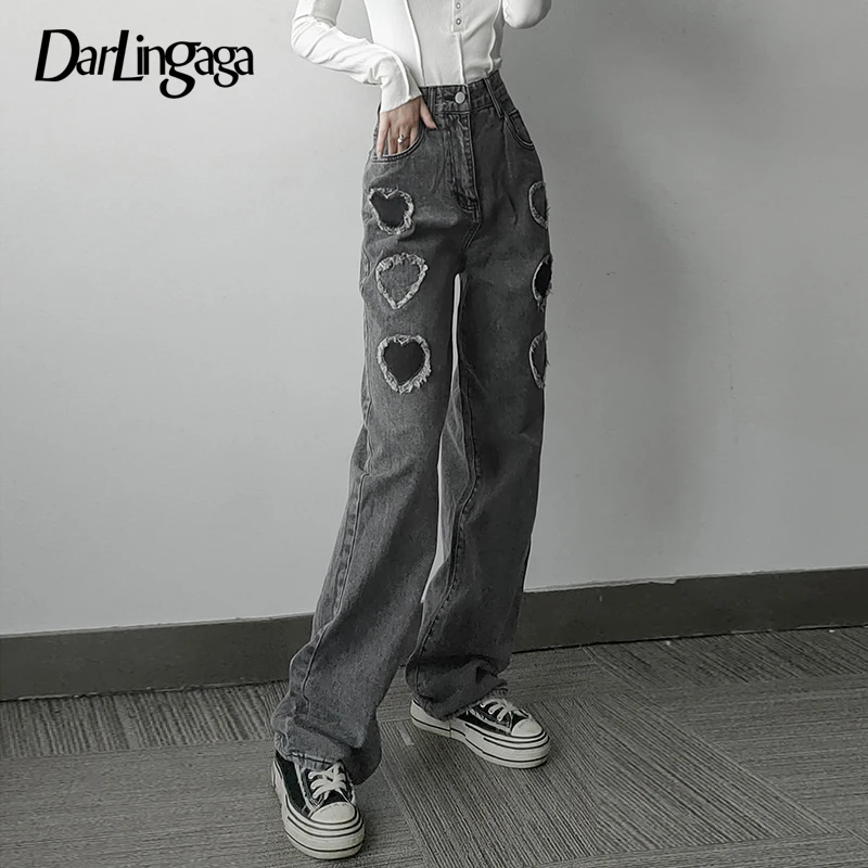 

Darlingaga Korean Fashion Heart Appliques Solid High Waist Jeans Female Casual Denim Pants Harajuku Baggy Jeans Straight Capris