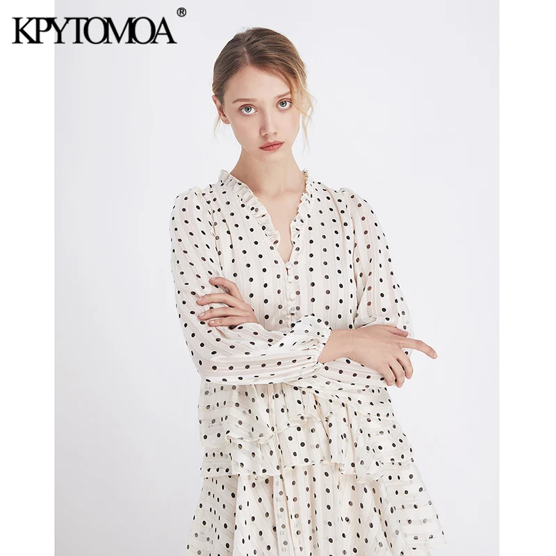 Женское винтажное платье макси с оборками в горошек v образным вырезом и длинным