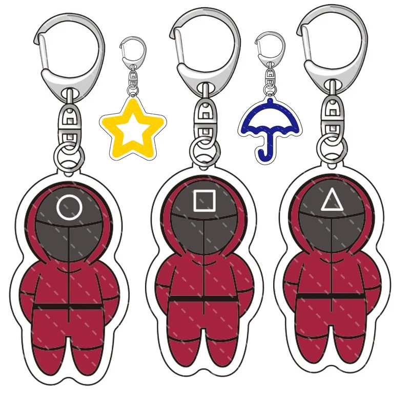 

Squid Game Logo Keychians Round Six Men In Red Icon Kawaii Cartoon Acrylic Keyrings