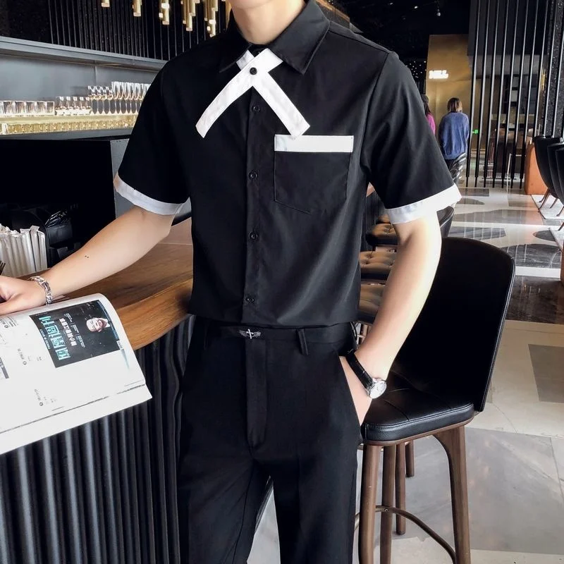 

High Quality Streetwear Social Top Camisa Masculina 2021 Summer Men Shirt British Style Slim Casual Dress Shirt Black + White