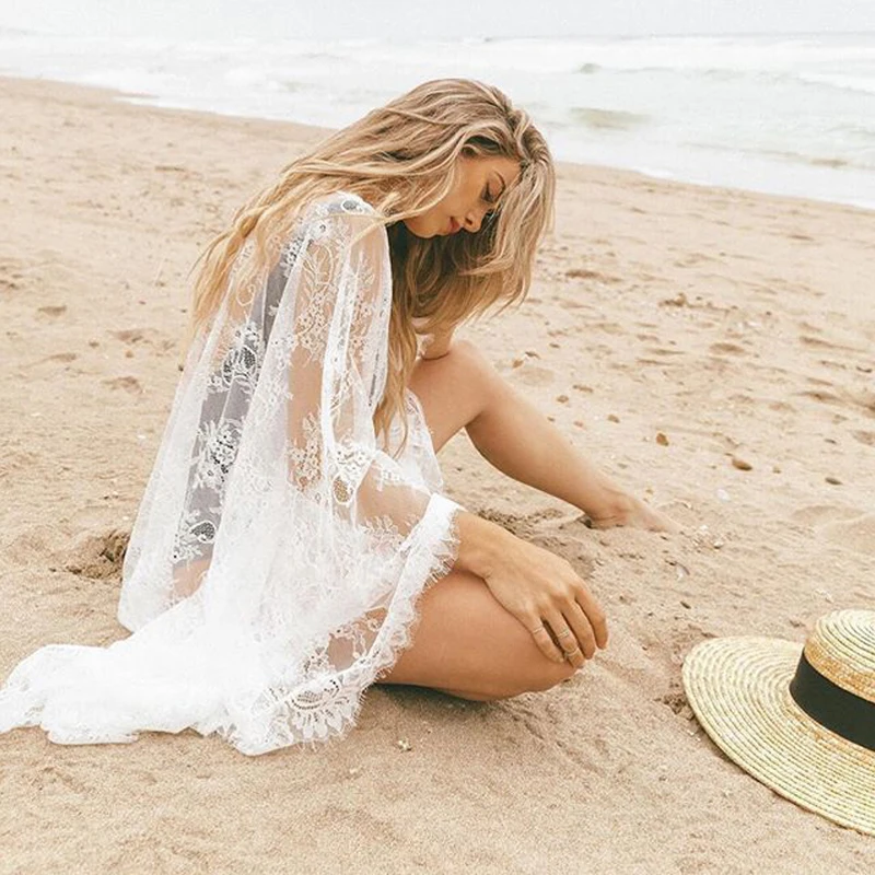 Черно-белое бикини накидка кружево лето 2019 Пляжное Платье цельное открытая