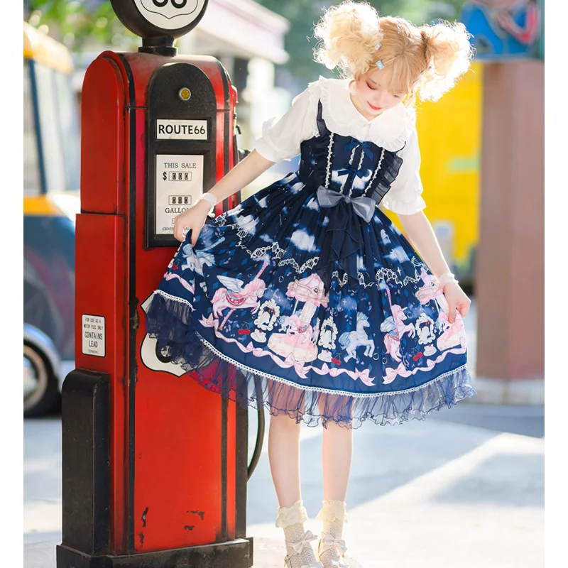 

Vestidos Kawaii Lolita Dress Party Women Summer Jsk Sling Vintage Lace Ruffle Sweet Cute Girl Bow Cartoon Print Midi Strap Dress