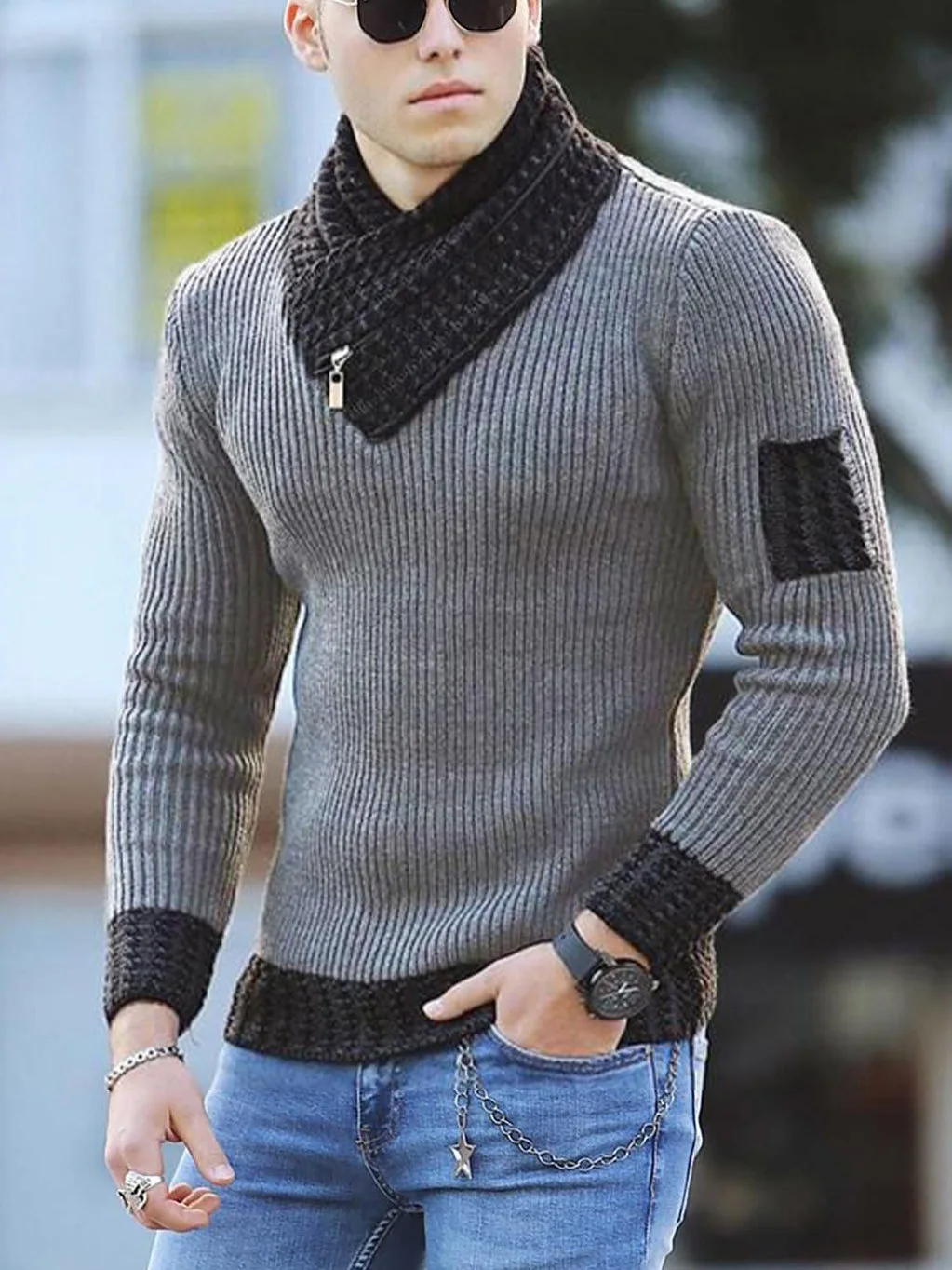 

Long Sleeve Scarf Collar Color Block Sweater Men's Autumn and Winter Casual Slim Knit Sweater Pullover Harajuku Sweater S-3XL