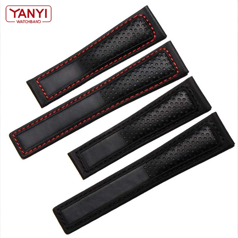 Genuine Leather Strap 22m for ta-g he-uer F1 watchband Red stitches wristwatches band fold buckle leather watch bracelet