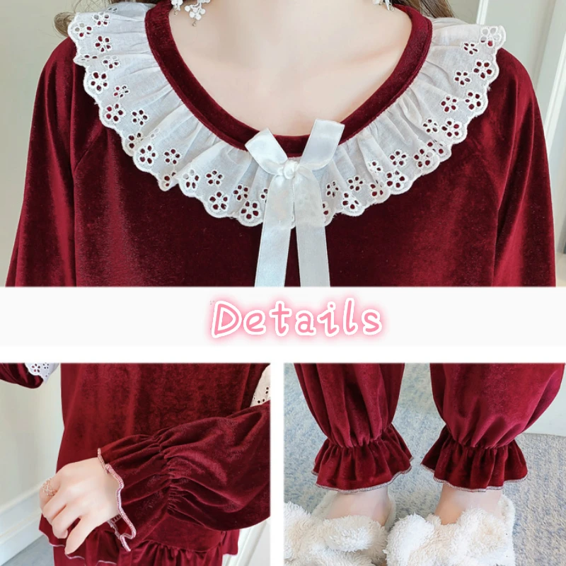 

Women Pajamas Sets Lace Golden Velvet O-neck Flare Long Sleeve Solid Soft Fashion Casual Womens Korean Style Ulzzang Kawaii Chic