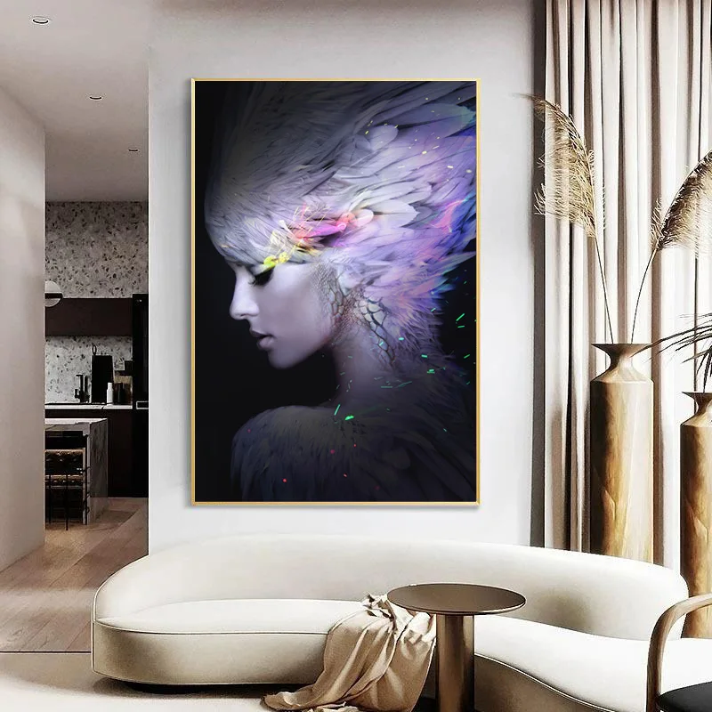 Картина на холсте абстрактная женщина с перьями волосы Куадрос холст печать