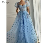 Женское длинное вечернее платье Verngo, светло-синее Тюлевое ТРАПЕЦИЕВИДНОЕ ПЛАТЬЕ С Пышными короткими рукавами, поясом и карманами, 2021