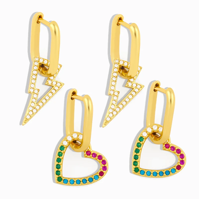 

Gold Filled Lightning Bolt Huggie Hoop Earrings For Women Multicolor Heart Drop Earrings Dangle CZ Cubic Zirconia Jewelry ersu95