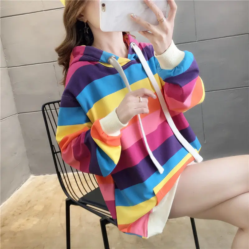 

Rainbow Striped Mid-Length Spring and Autumn Thin Hoodie Women's Long Sleeve 2021 New Loose Ins Fashion Coat