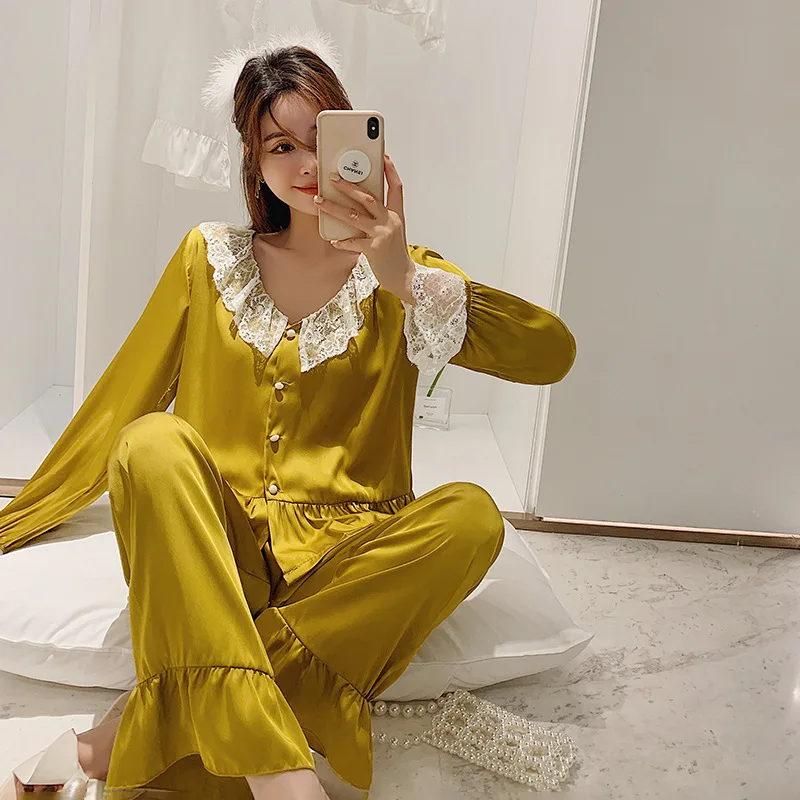 

New Women Pajama 2pcs Set Spring and Autumn Long-sleeved Home Service Pyjamas Ladies Satin Homewear Suit