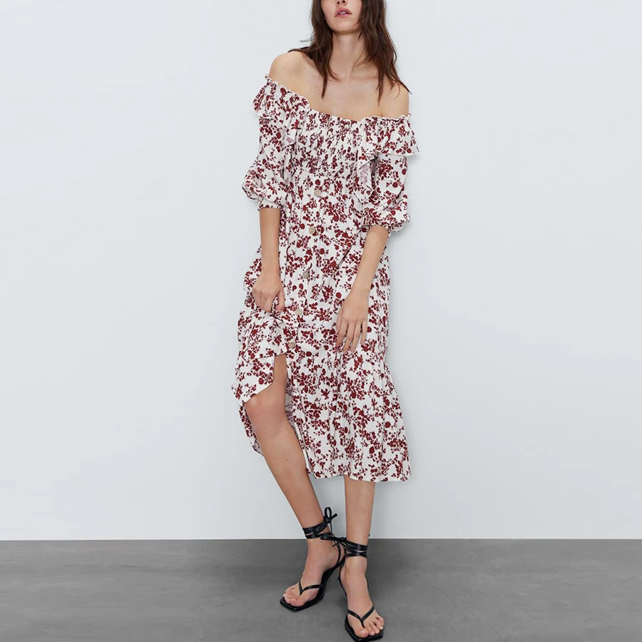 Женское винтажное платье миди с оборками открытыми плечами и