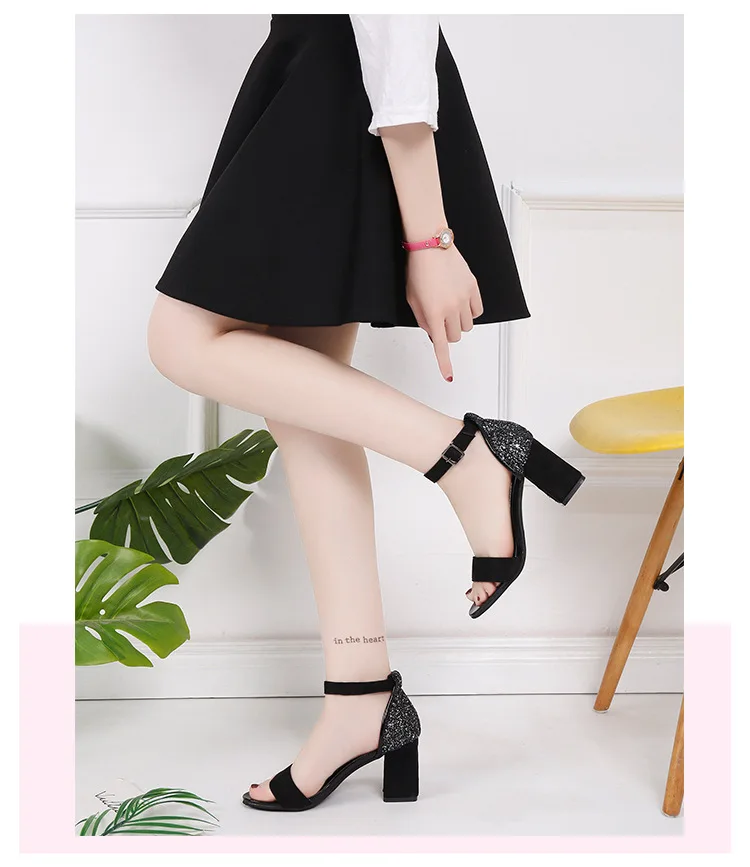 

Solid color Ladies Sandals summer One-line buckle ankle Thick heel Crystal Diamond Female Party Wedding Leisure Grace
