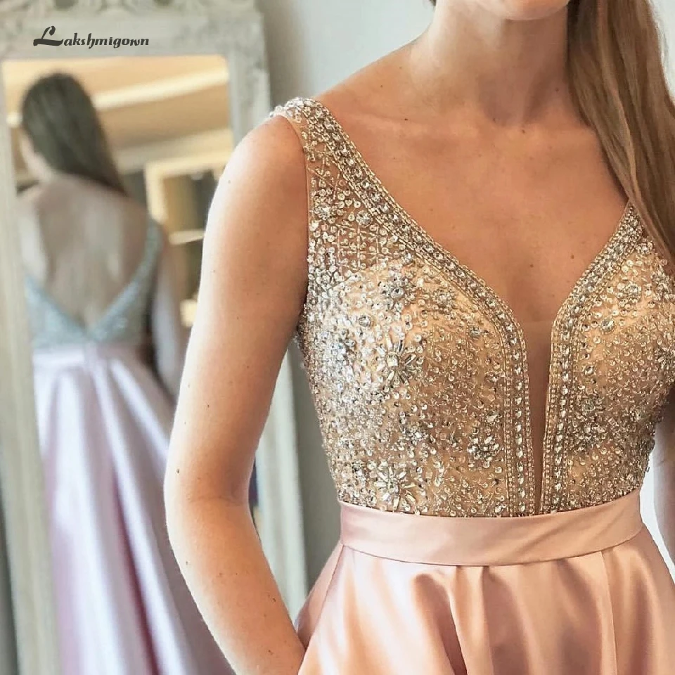 Vestidos de Gala, атласное платье, вечерние платья,, Элегантное длинное женское розовое платье для выпускного вечера с карманами, топ со стразами и бисером