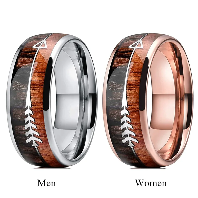 

New Couple Ring Men Women Stainless Steel Wedding Band Wood Arrows Inlay Rose Gold Ring for Couple Engagement Promise Jewelry