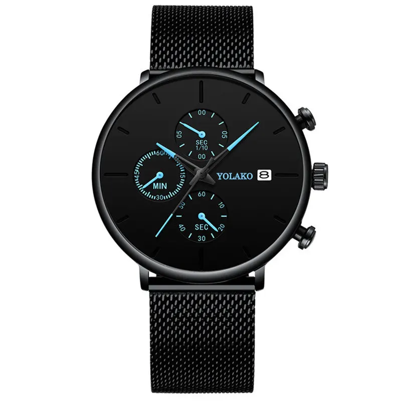 BlueBlack Кварцевые мужские часы с синим указателем, повседневные брендовые новые модные часы из нержавеющей стали с сетчатым ремешком, ультра тонкие подарочные деловые наручные часы - Цвет: BlueBlack