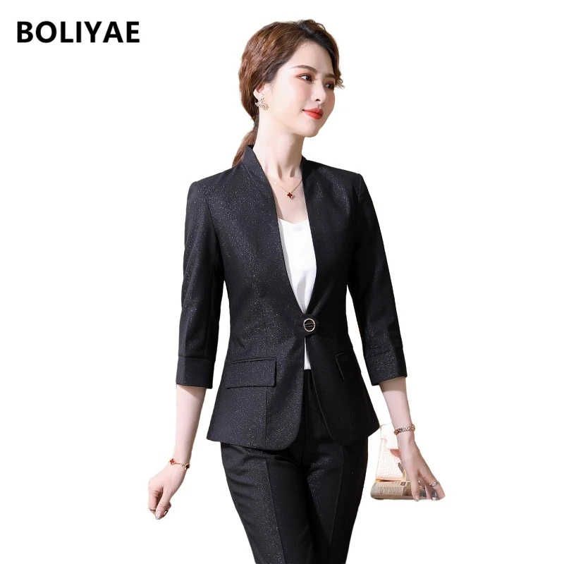 Boliyae Business Women Formal Pants Suits Temperament Slim 3/4 Sleeve Blazer and Trousers Office Ladies Interviews Work Wear