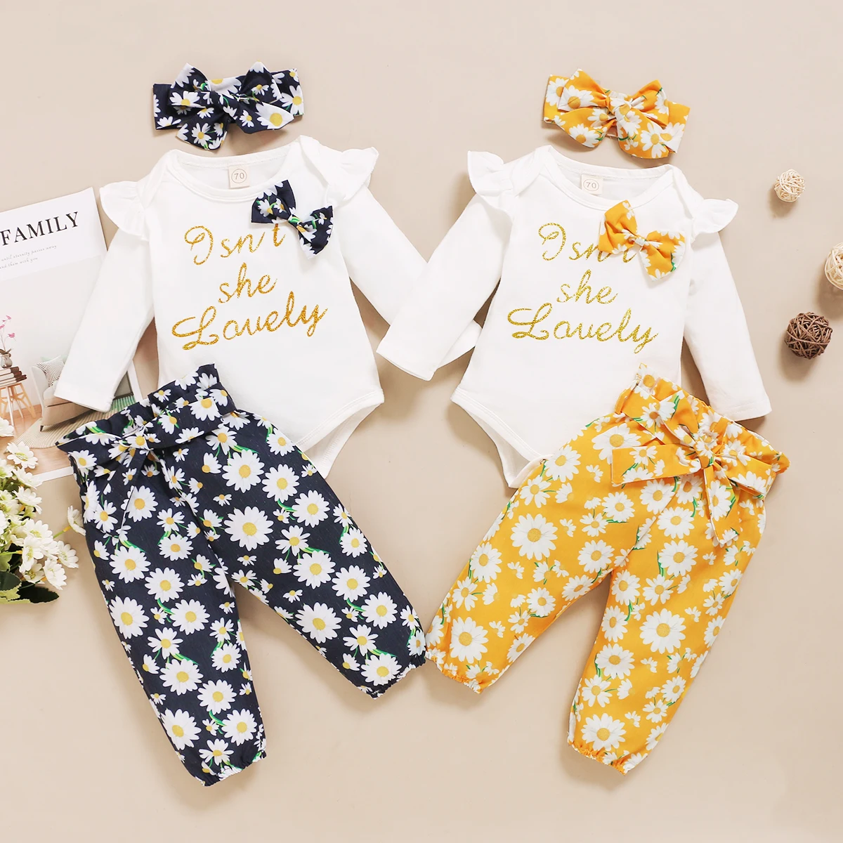 

3 PCS Newborn Baby Girls Fall Clothes Set Little Girl Long Sleeve Romper + Daisy Print Pants + Bow Hair Band Set Autumn Outfits