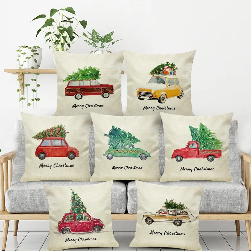 

Christmas Car Christmas Tree Digital Printing Linen Pillow Christmas Celebration Decoration Gift Pillow Cushion Cover Home Decor