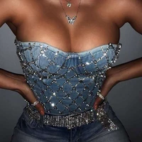 denim scratched womens spaghetti strap diamonds ripped push up bustier night club party crop top 2021 camise vest new corset