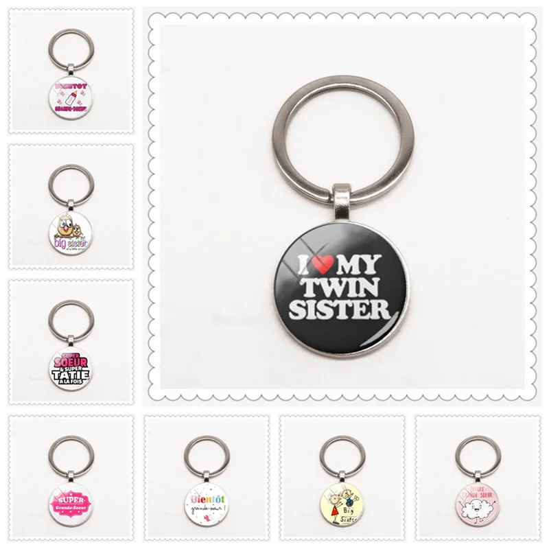 

2020Super Grande-soeur pattern painted keychain 25mm round French alphabet glass pendant fashion keychain