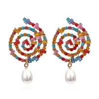 circle colorful crystal spiral earrings with teardrop pearl drop adorable design statement volution earrings boutique jewelry