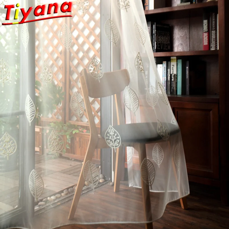 

Small Leaf Embroidered Curtains for Living Room White Leaves Sheer Tulles for Balcony/kitchen #VT