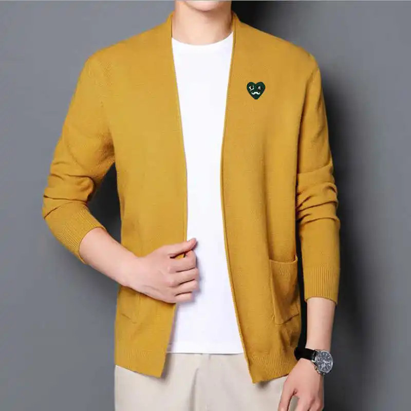

Have Eyes Men Spring Autumn Knitwear Love Embroidery Heart Thin Cotton Cardigan Slim Pocket V-Neck Solid Collarless Sweater