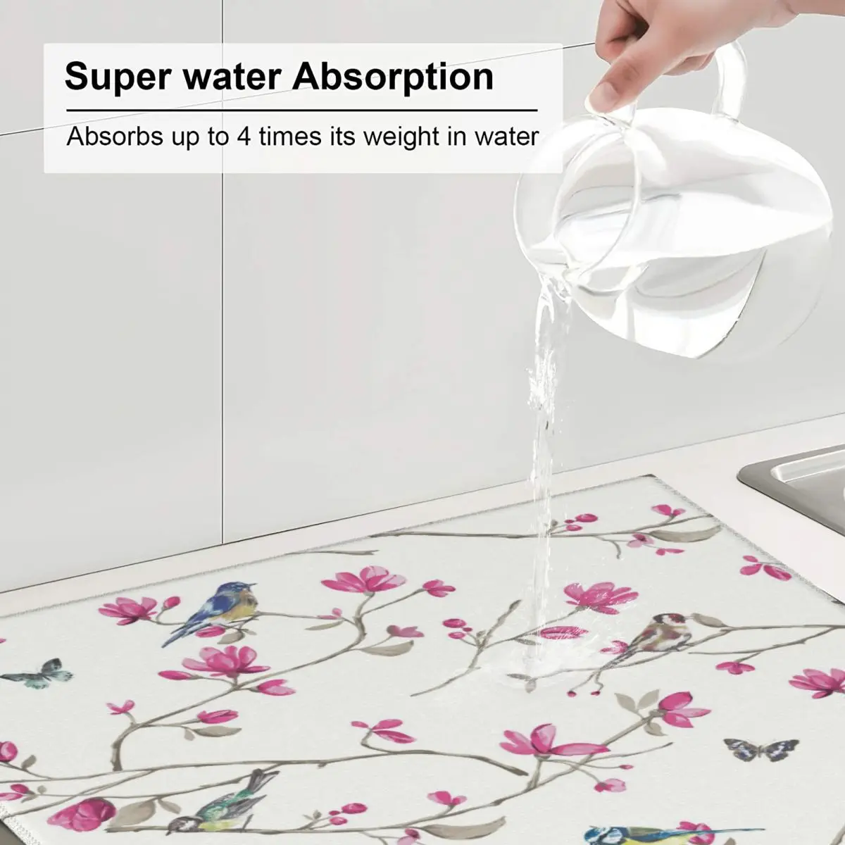 Кухонный коврик для сушки посуды впитывающий абсорбирующий с рисунком розовых