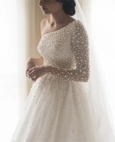 hot one shoulder long sleeves pearls arabic dubai wedding dress luxurious beading iovry bridal gownsvestidos de mariee