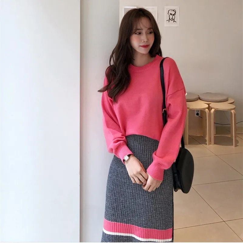 2019 для осени и зимы Вязанная Женский комплект 2 шт. с длинным рукавом пуловер