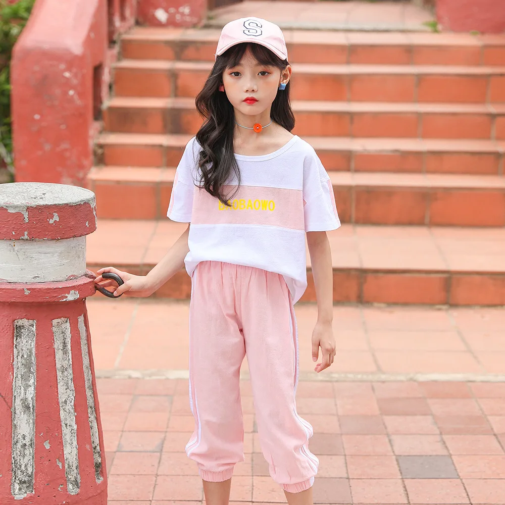 

Summer Children's Sports Sets 2020 New Big Girls Short-sleeved T-shirt + Cropped Pants 2Pcs Fashion Printing Stitching Webbing